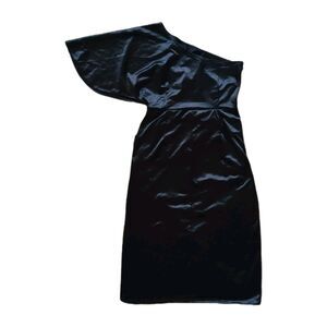 Ladmous Large Black One Sleeve Ruched Waist Satin Midi Dress Party Vixen Glam